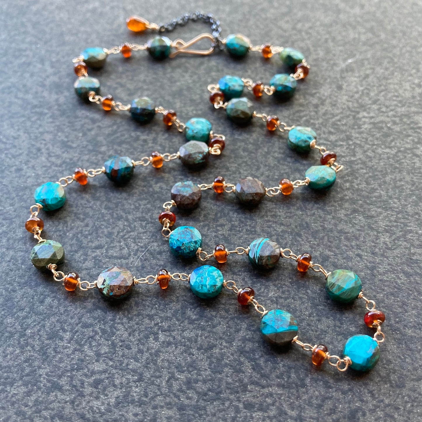 Natural Chrysocolla, Hessonite & Gold Necklace