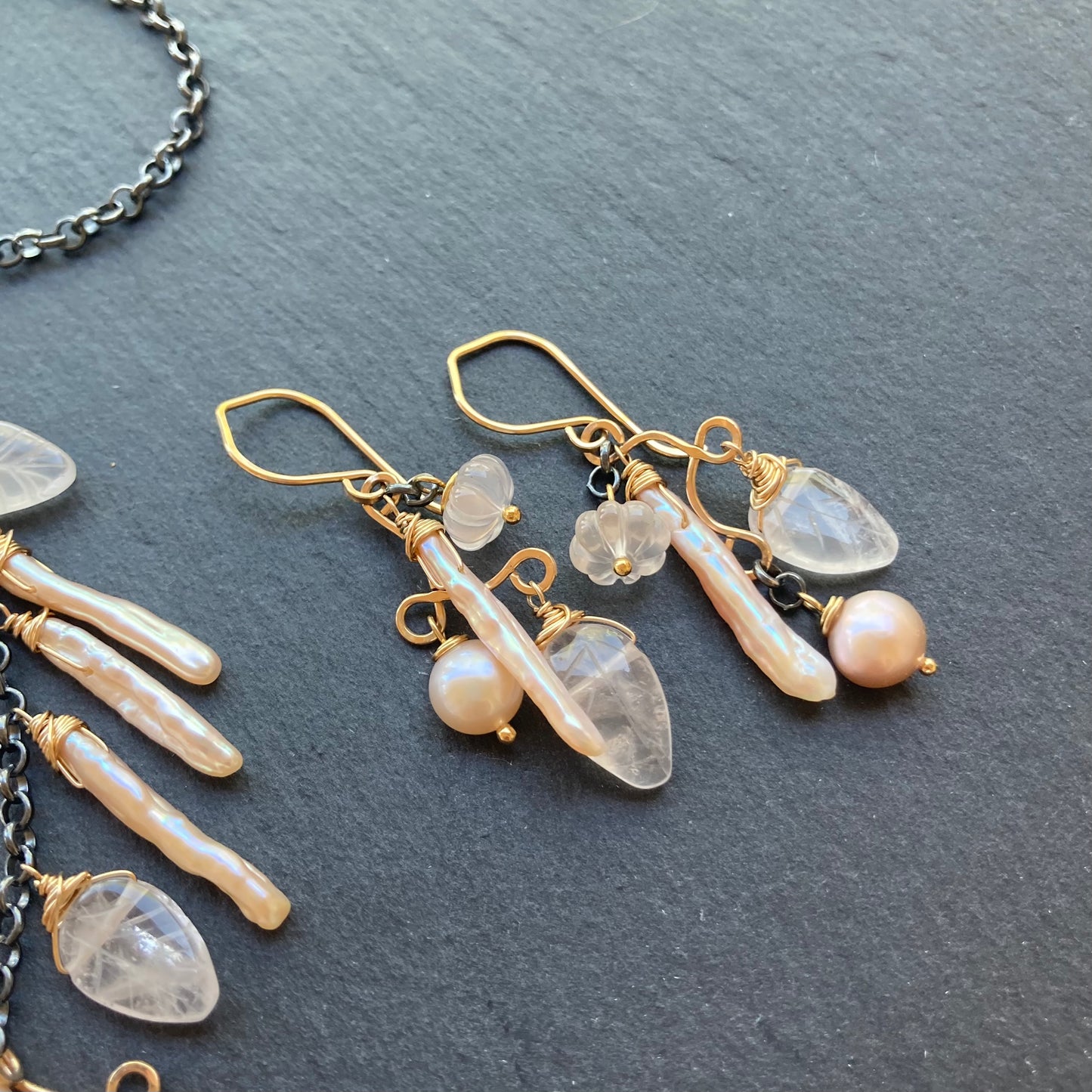 Rose Quartz, Pink Freshwater Pearl & Mixed Metal Earrings