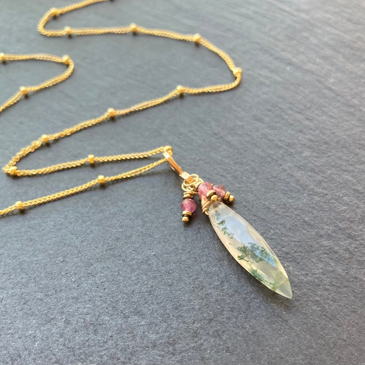 Moss Agate, Pink Tourmaline & Gold Marquis Pendant Necklace