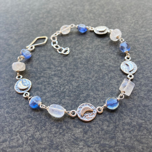 Rainbow Moonstone, Blue Kyanite & Sterling Silver Moon Link Bracelet