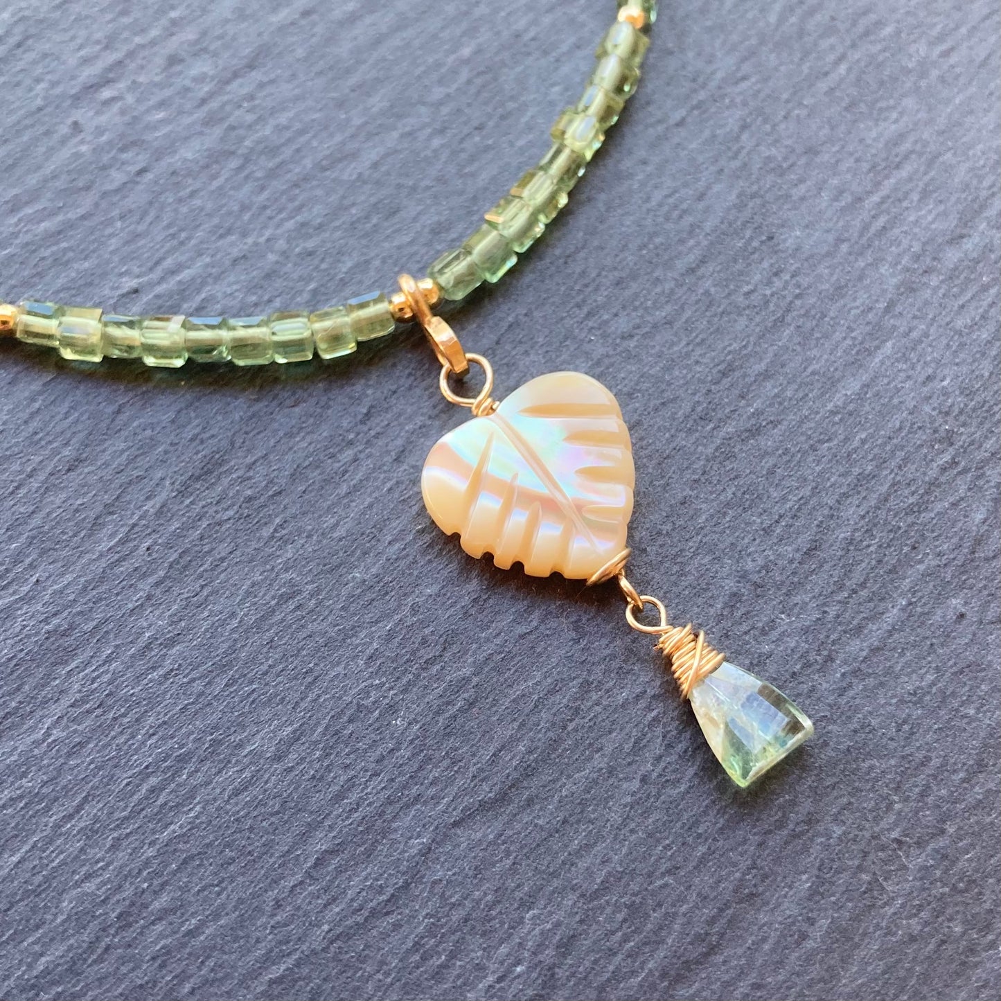 Mother of Pearl, Green Apatite & Gold Palm Heart Necklace