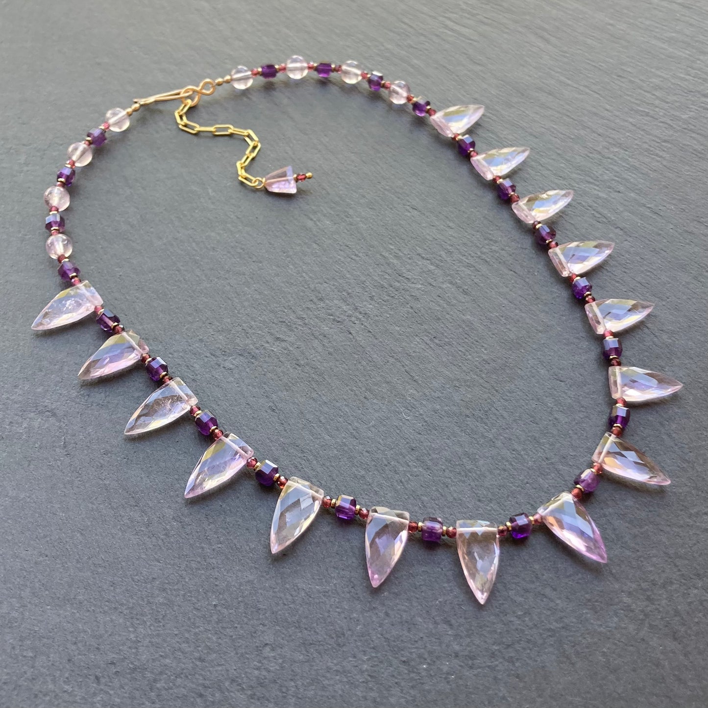 Amethyst, Rhodolite Garnet & Gold Spearhead Collar