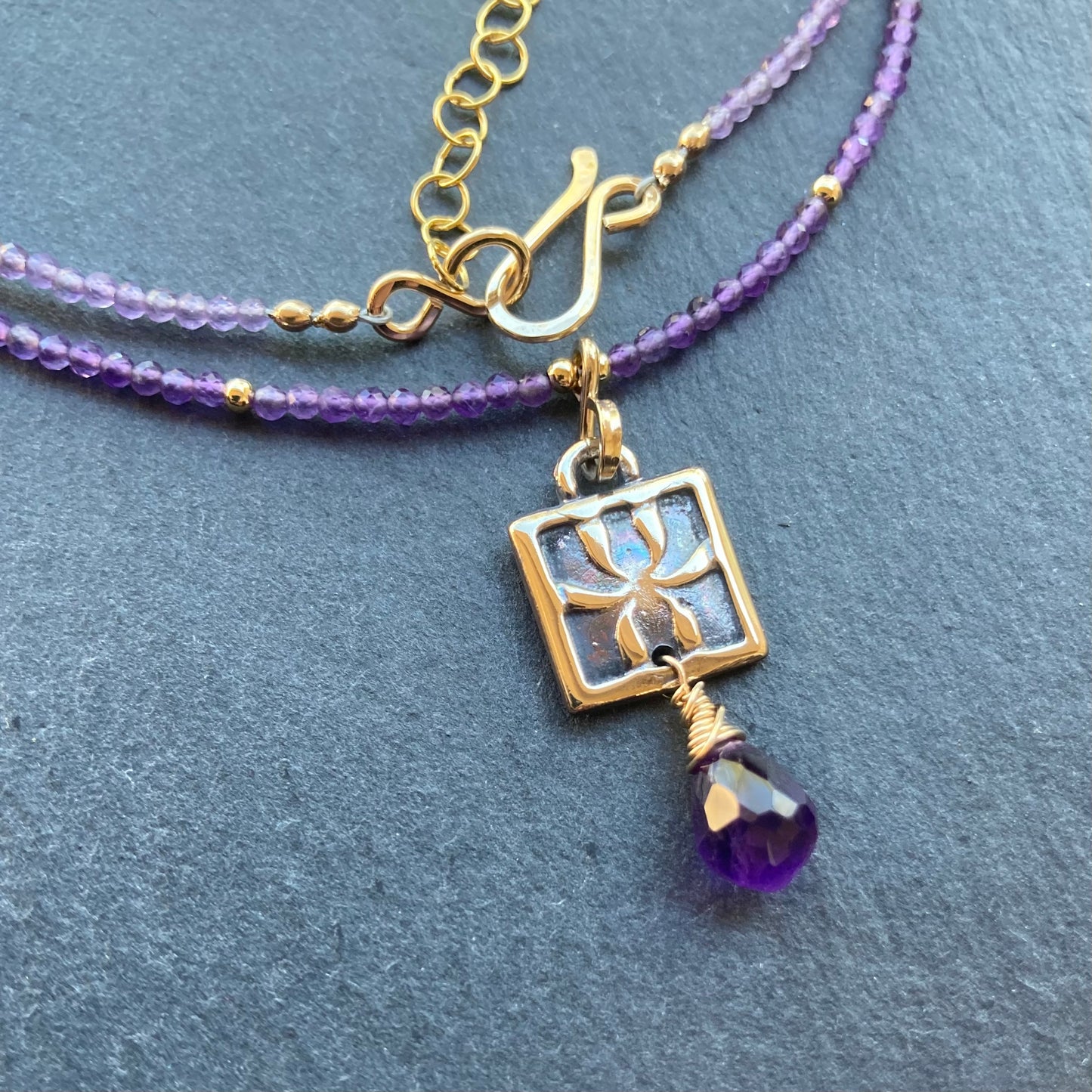 Amethyst, Gold & Bronze Iris Pendant Necklace