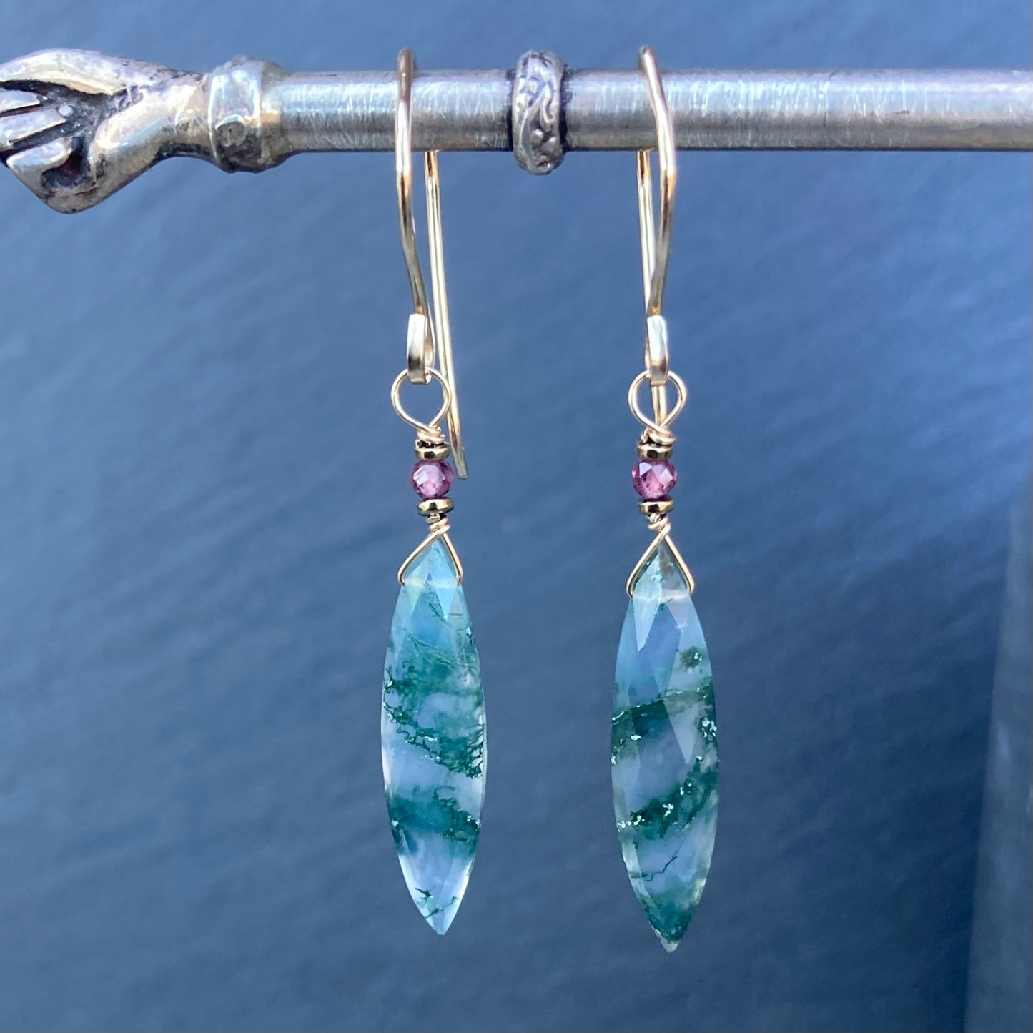 Moss Agate & Gold Marquis Earrings