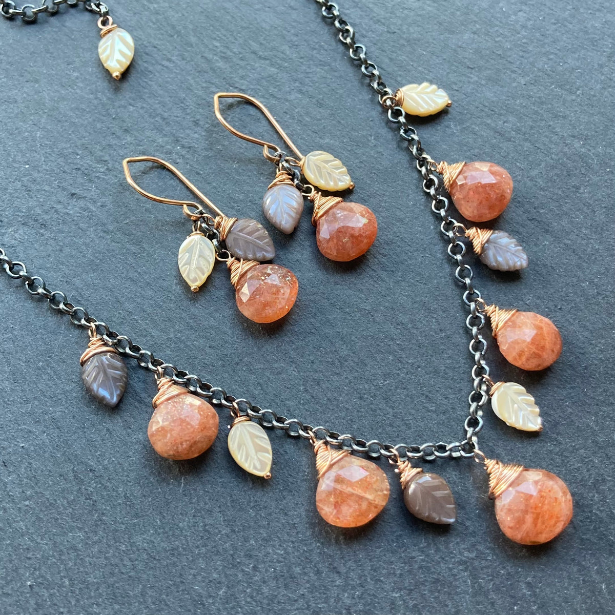 Sunstone, Chocolate Moonstone, Mother of Pearl & Mixed Metal Charm Choker
