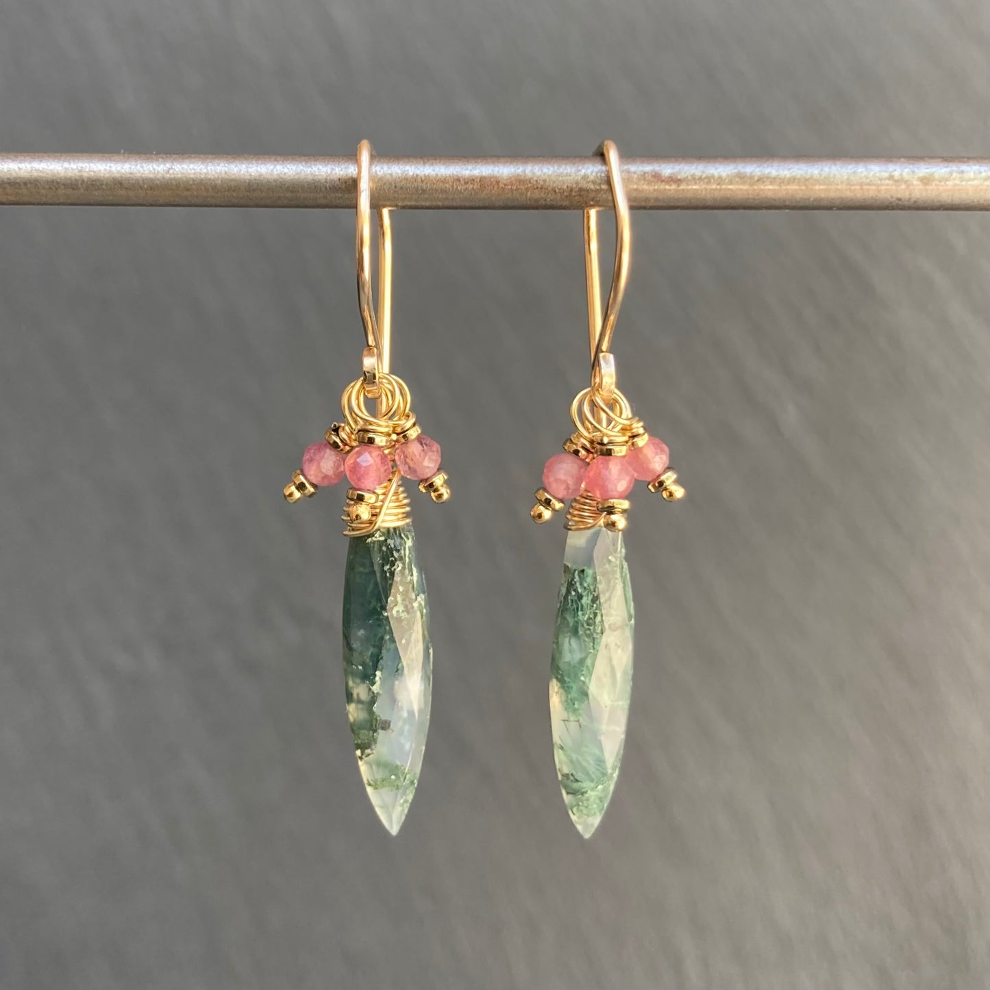 Moss Agate, Pink Tourmaline & Gold Marquis Earrings