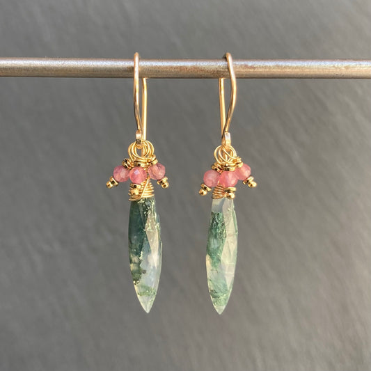 Moss Agate, Pink Tourmaline & Gold Marquis Earrings