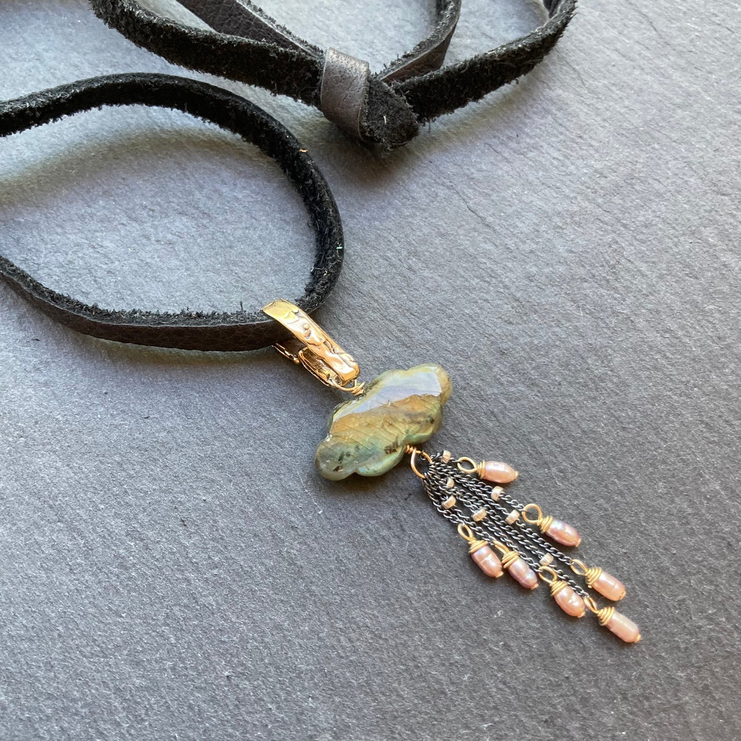 Labradorite, Mauve Pearl & Mixed Metal Storm Deertan Leather Choker
