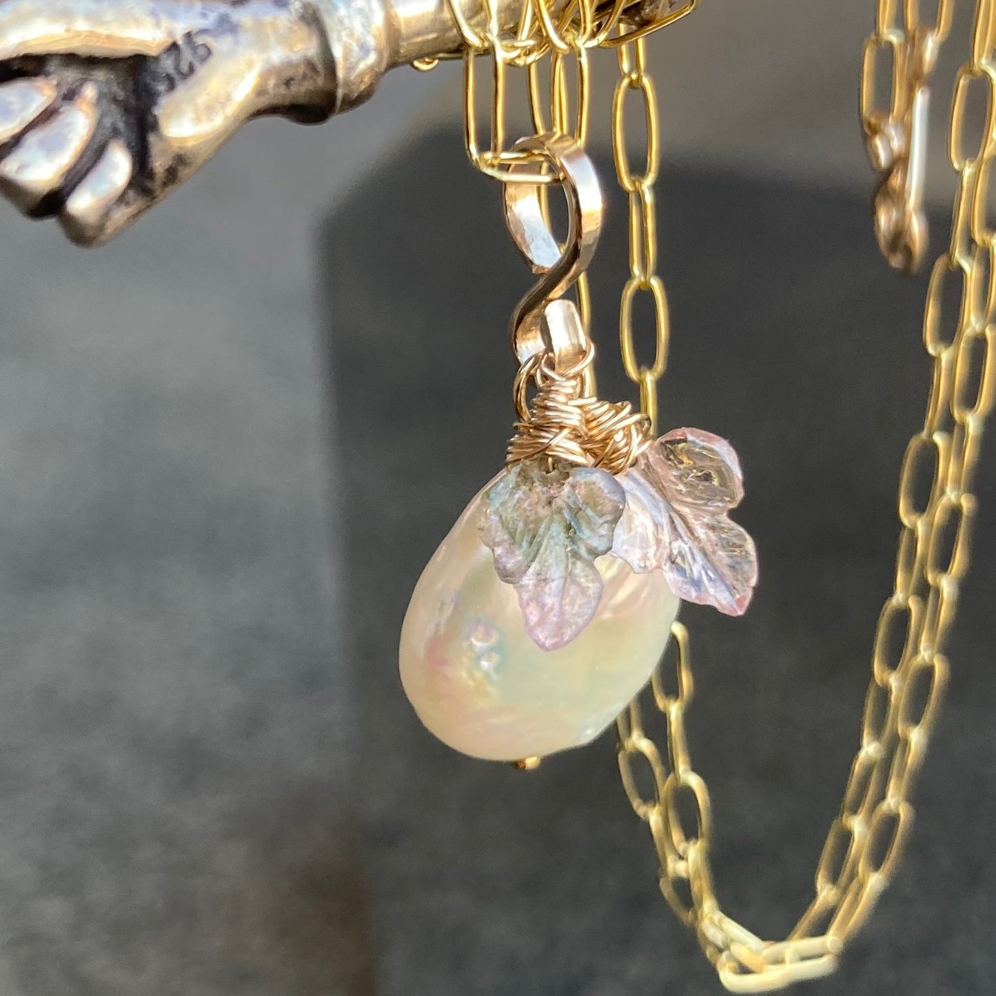 Freshwater Pearl, Watermelon Tourmaline & Gold Leaf Necklace