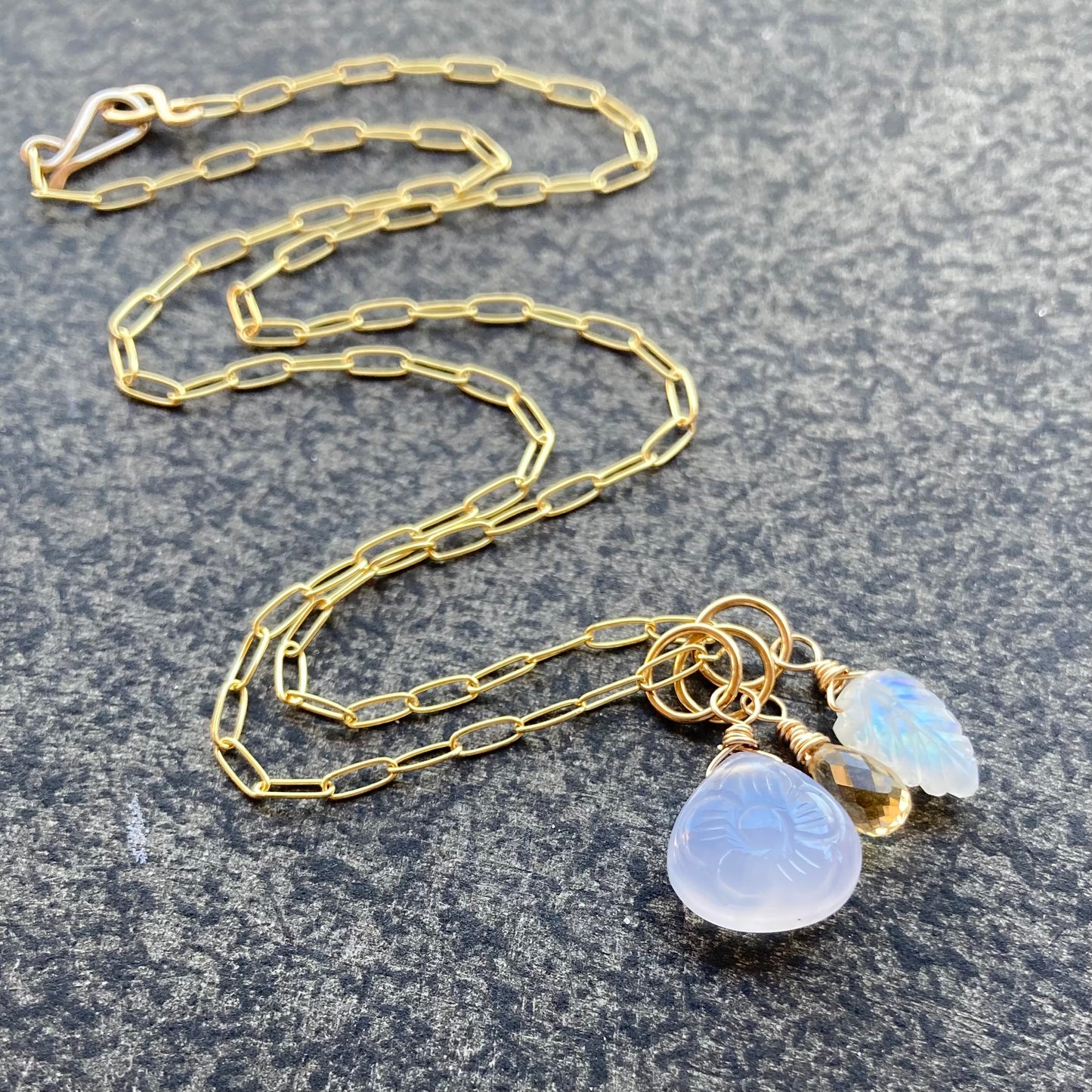 Blue Chalcedony, Rainbow Moonstone, Citrine & Gold Charm Necklace