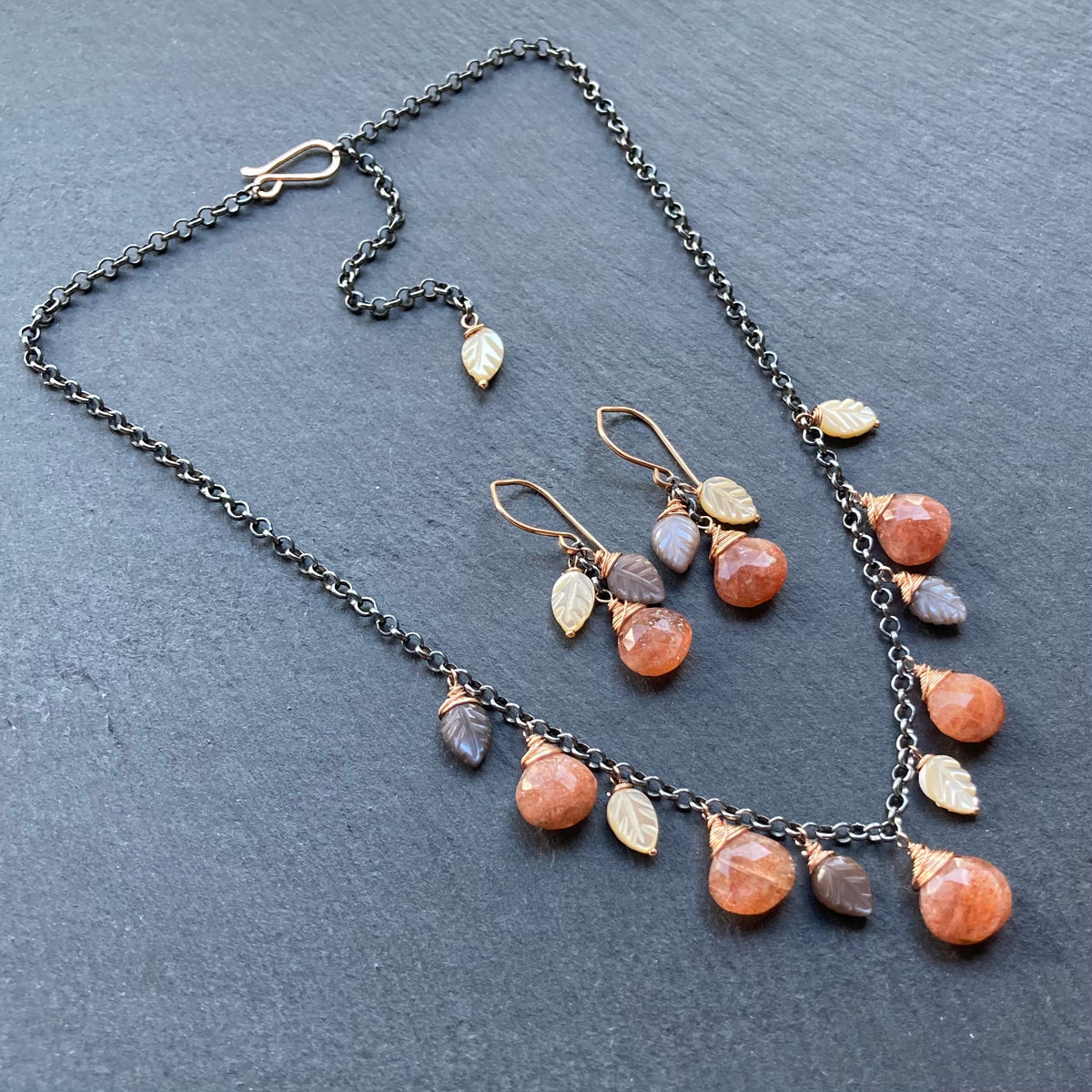 Sunstone, Chocolate Moonstone, Mother of Pearl & Mixed Metal Charm Choker