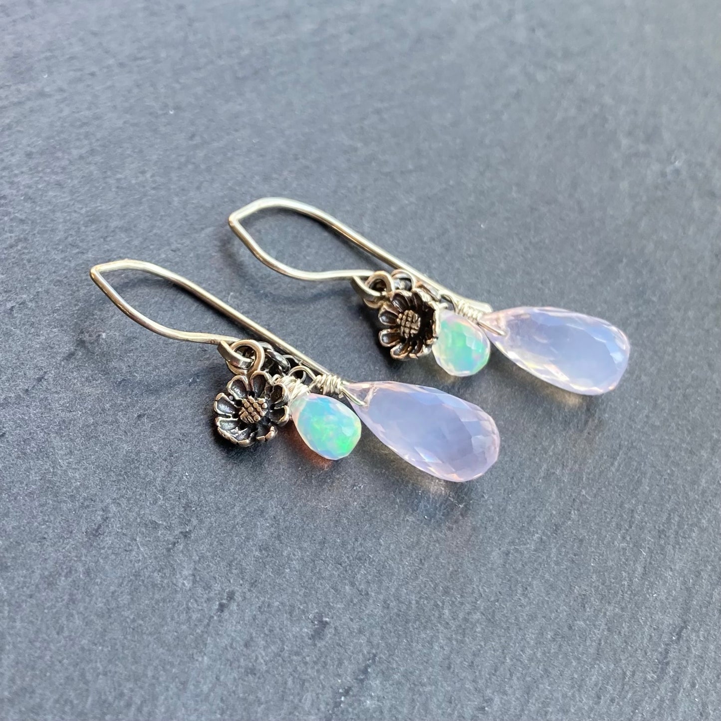 Scorolite, Ethiopian Opal & Sterling Silver Cherry Blossom Earrings