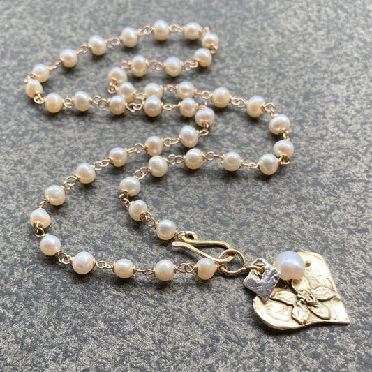 Vintage Freshwater Pearl & Mixed Metal Heart Charm Necklace
