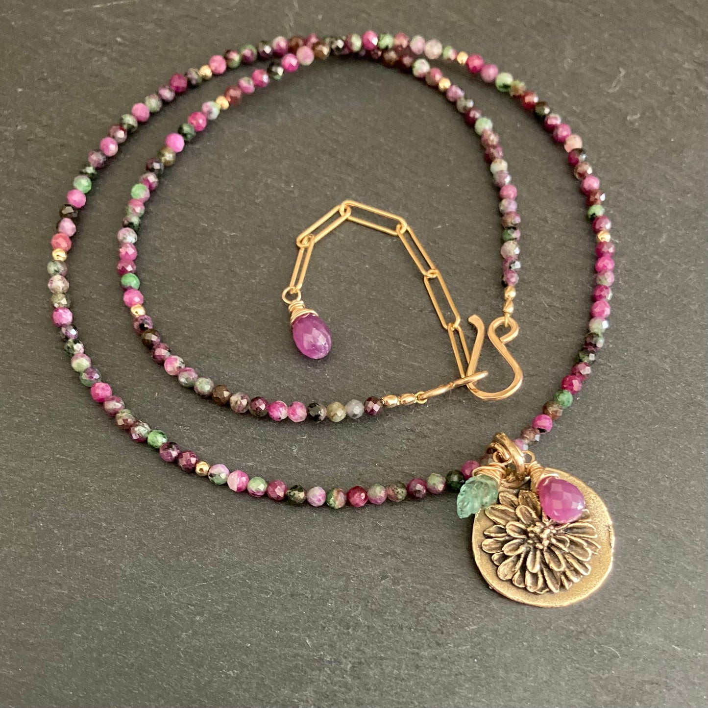 Ruby Zoisite, Gold & Bronze Mum Pendant Choker