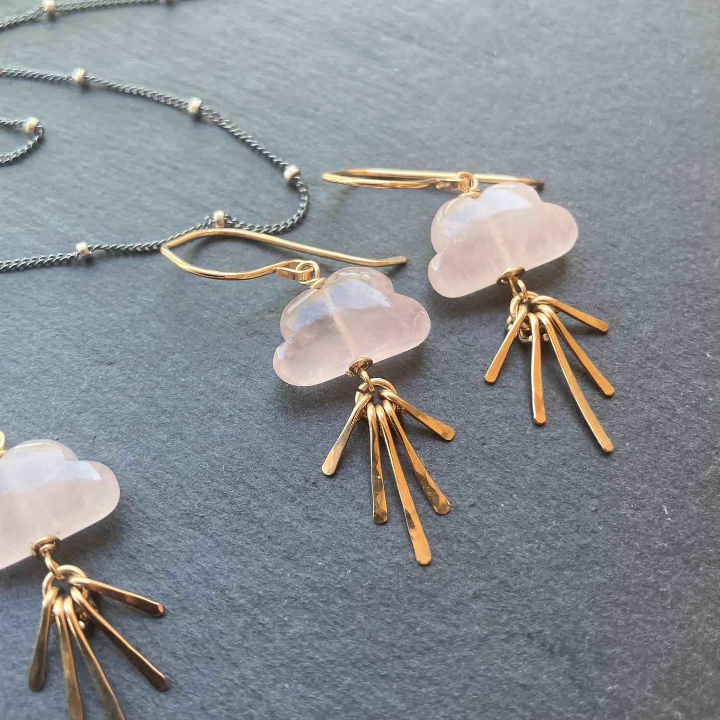 Rose Quartz & Gold Sunset Fringe Earrings