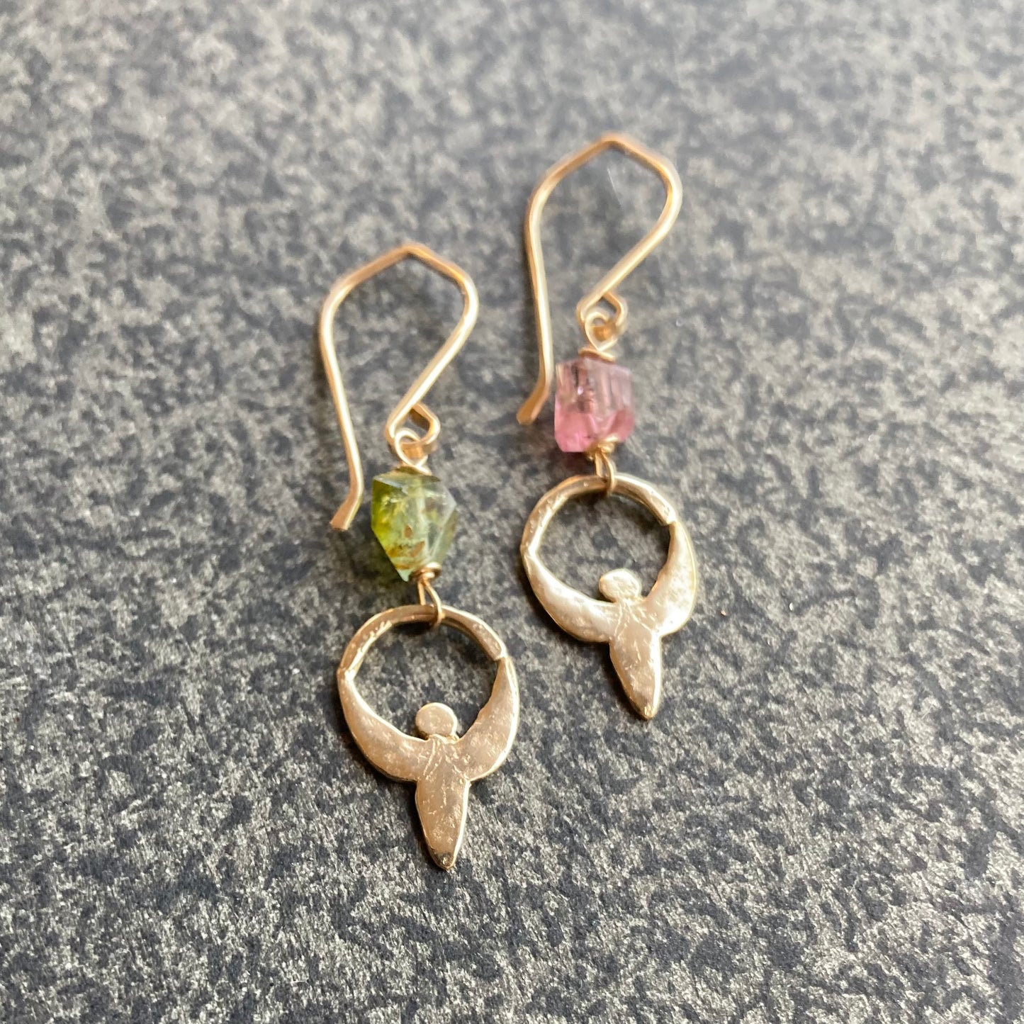 Watermelon Tourmaline, Gold & Bronze Goddess Earrings