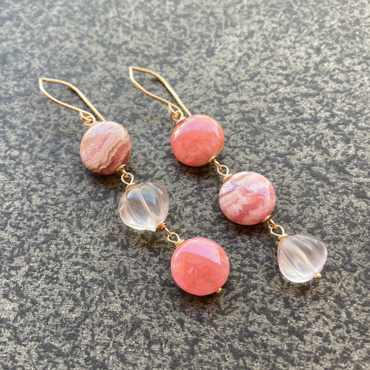 Rhodochrosite, Rose Quartz & Gold Sunrise Earrings