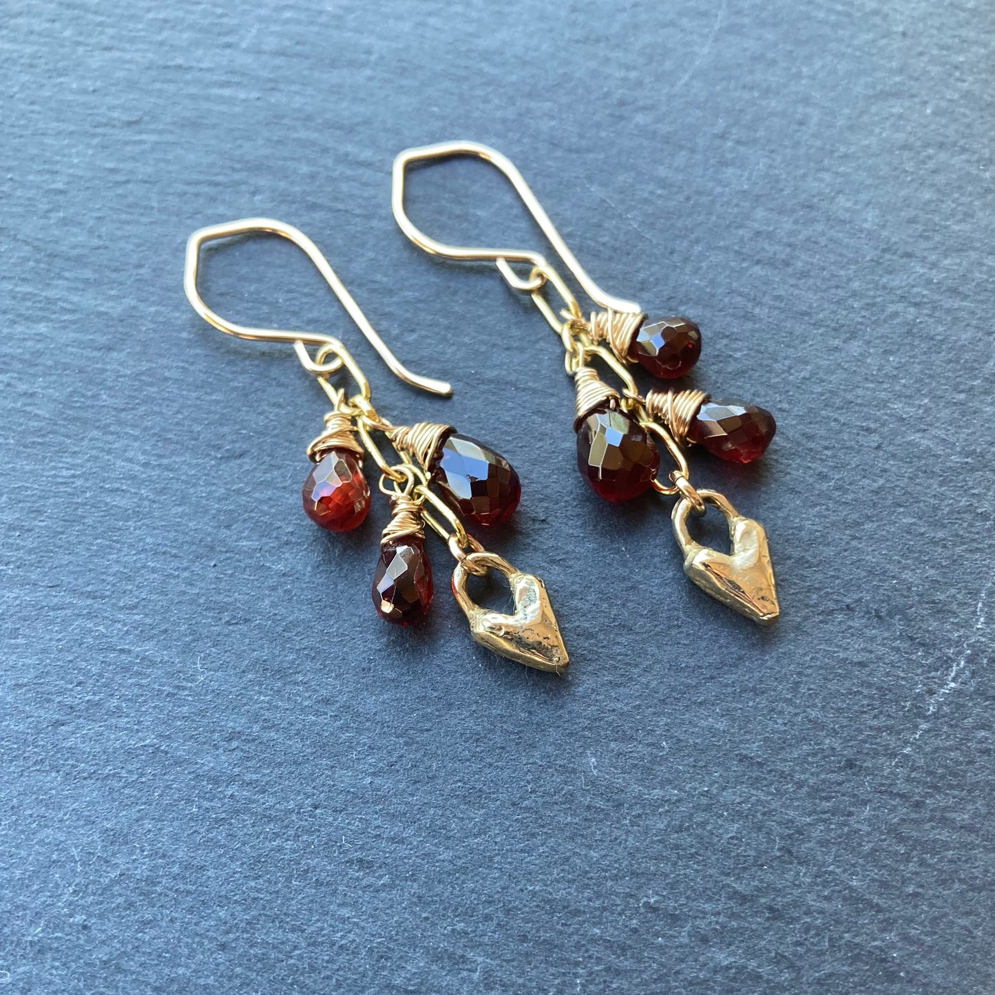 Mozambique Garnet, Gold & Bronze Heart Cascade Earrings