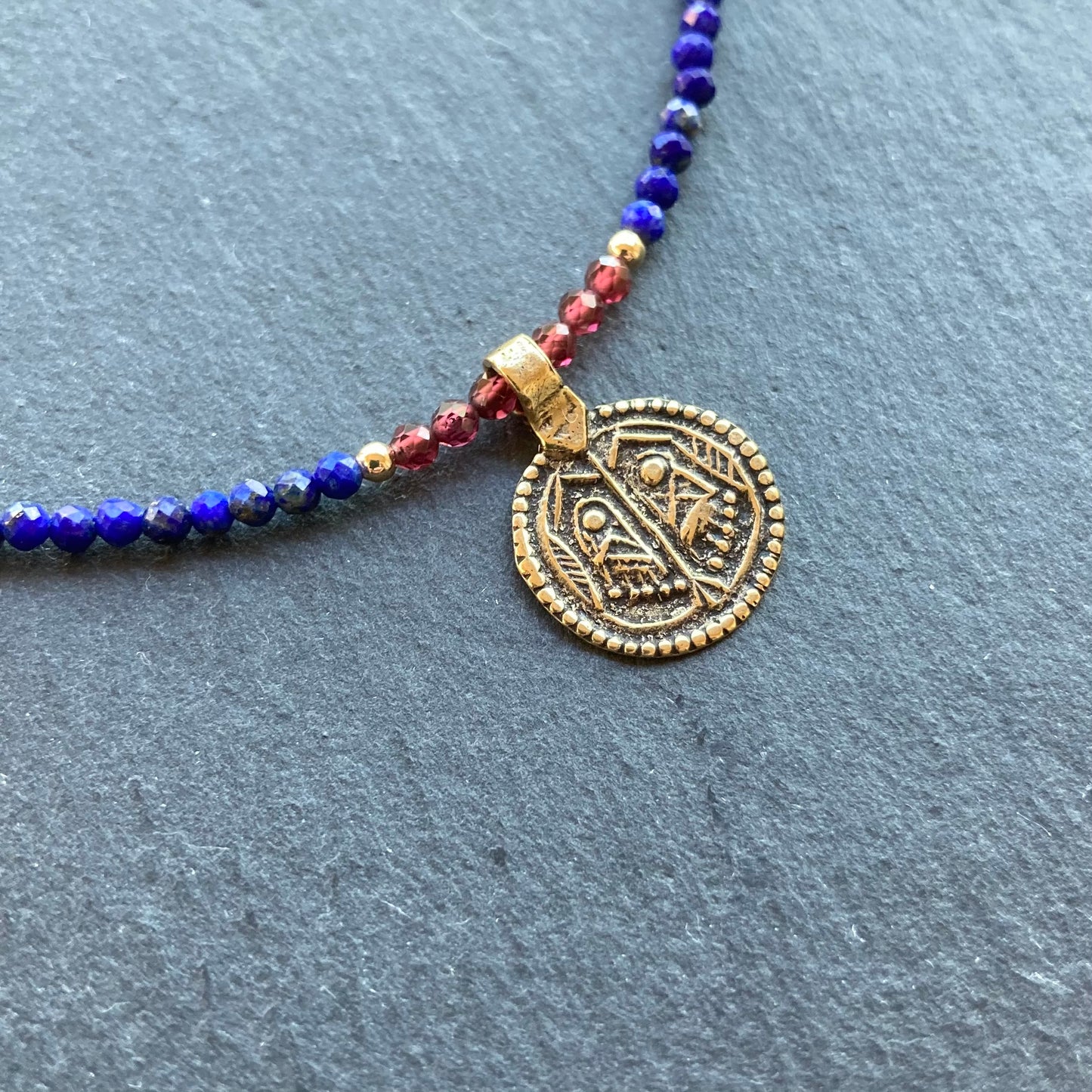 Lapis, Mozambique Garnet, Gold & Bronze Buddha Feet Pendant Choker