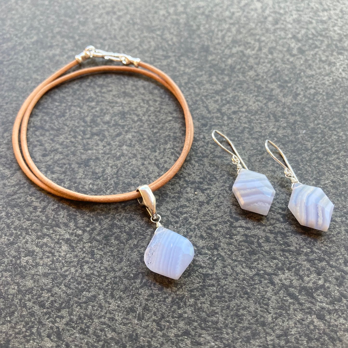 Blue Lace Agate & Sterling Silver Leather Choker