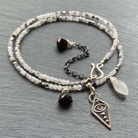 Tourmalinated Rainbow Moonstone & Sterling Silver All Seeing Eye Pendant Choker