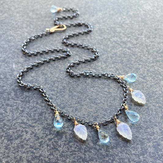 Blue Topaz, Rainbow Moonstone & Mixed Metal Leaf Charm Choker