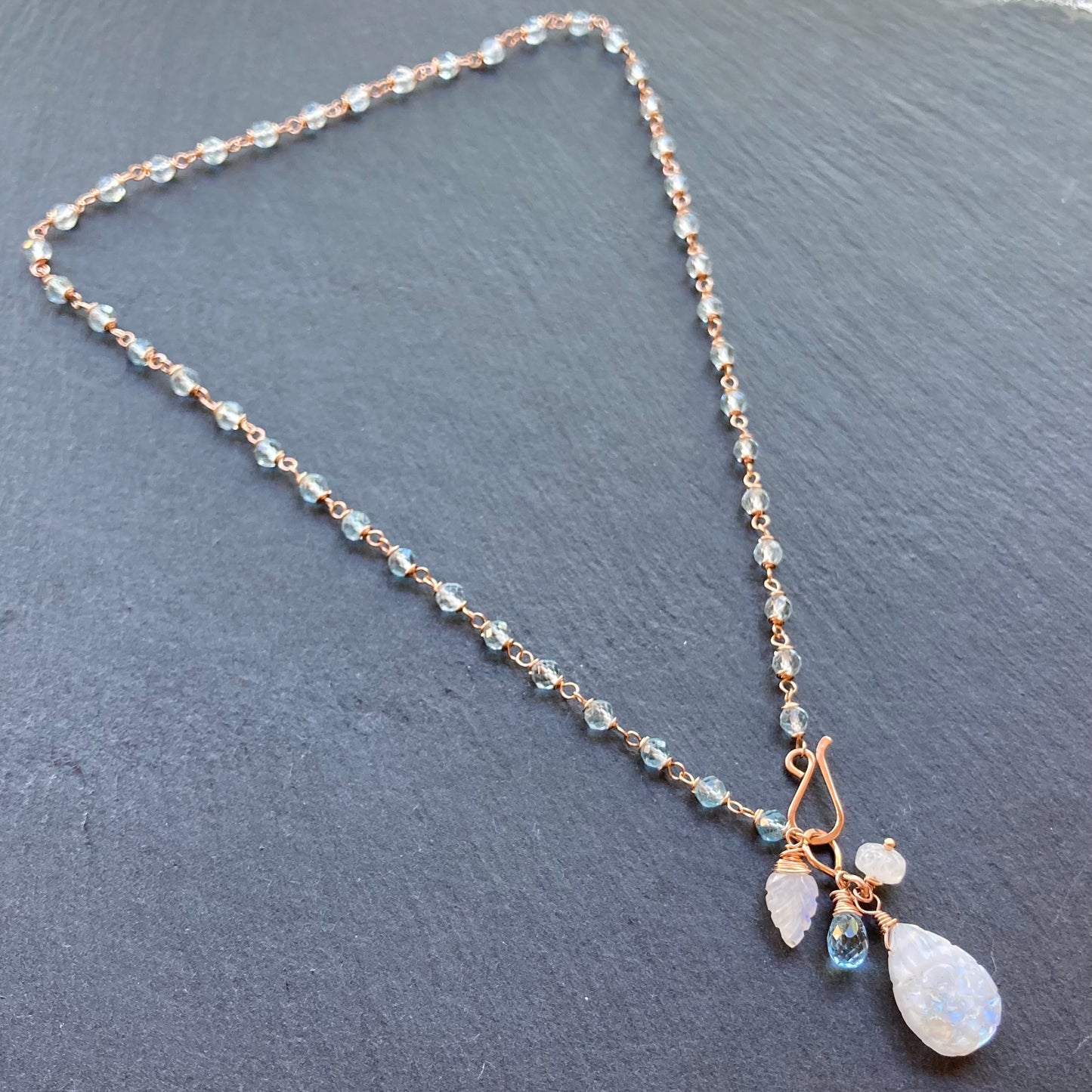 Blue Topaz, Rose Gold & Rainbow Moonstone Pendant Necklace