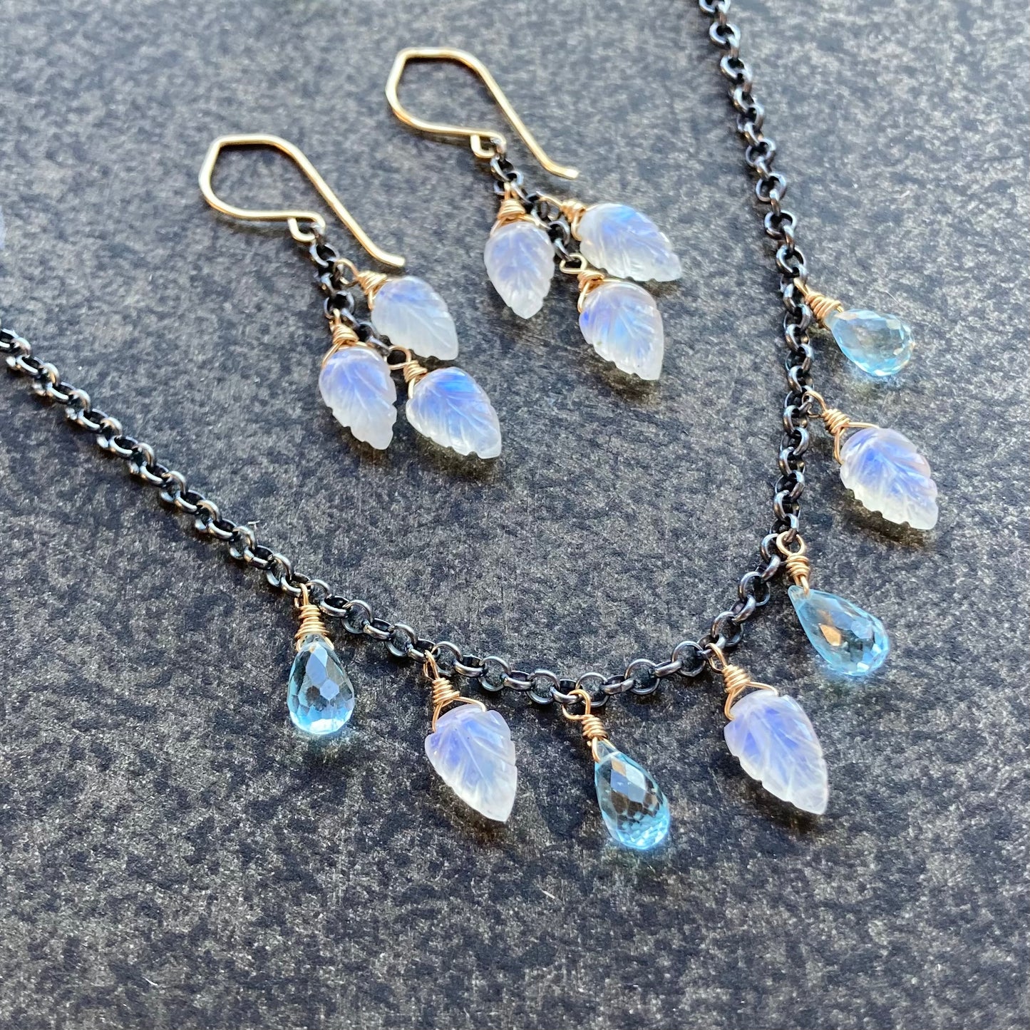 Blue Topaz, Rainbow Moonstone & Mixed Metal Leaf Charm Choker