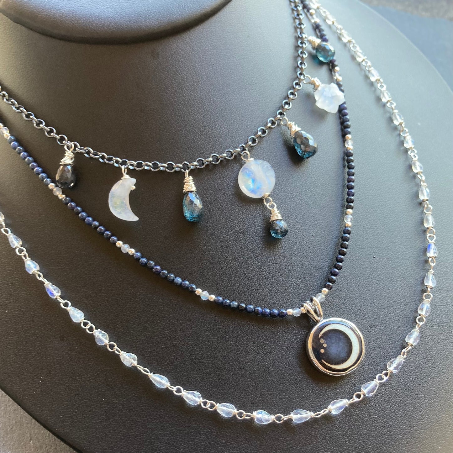 Rainbow Moonstone, Moss Kyanite & Sterling Silver Winter Solstice Charm Choker