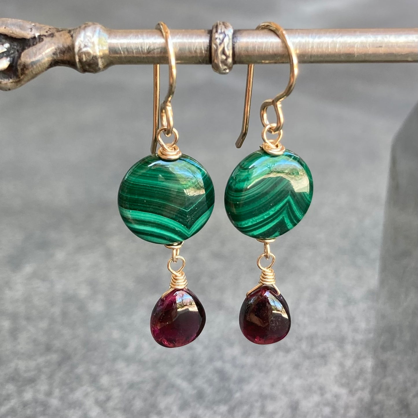 Malachite, Rhodolite & Gold Earrings