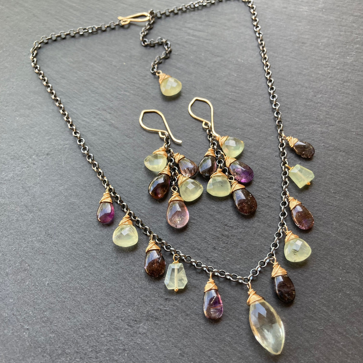 Moss Amethyst, Prehnite & Mixed Metal Charm Choker