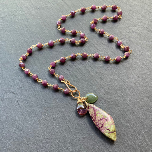 Ruby & Gold Atlantisite Stichtite Pendant Necklace