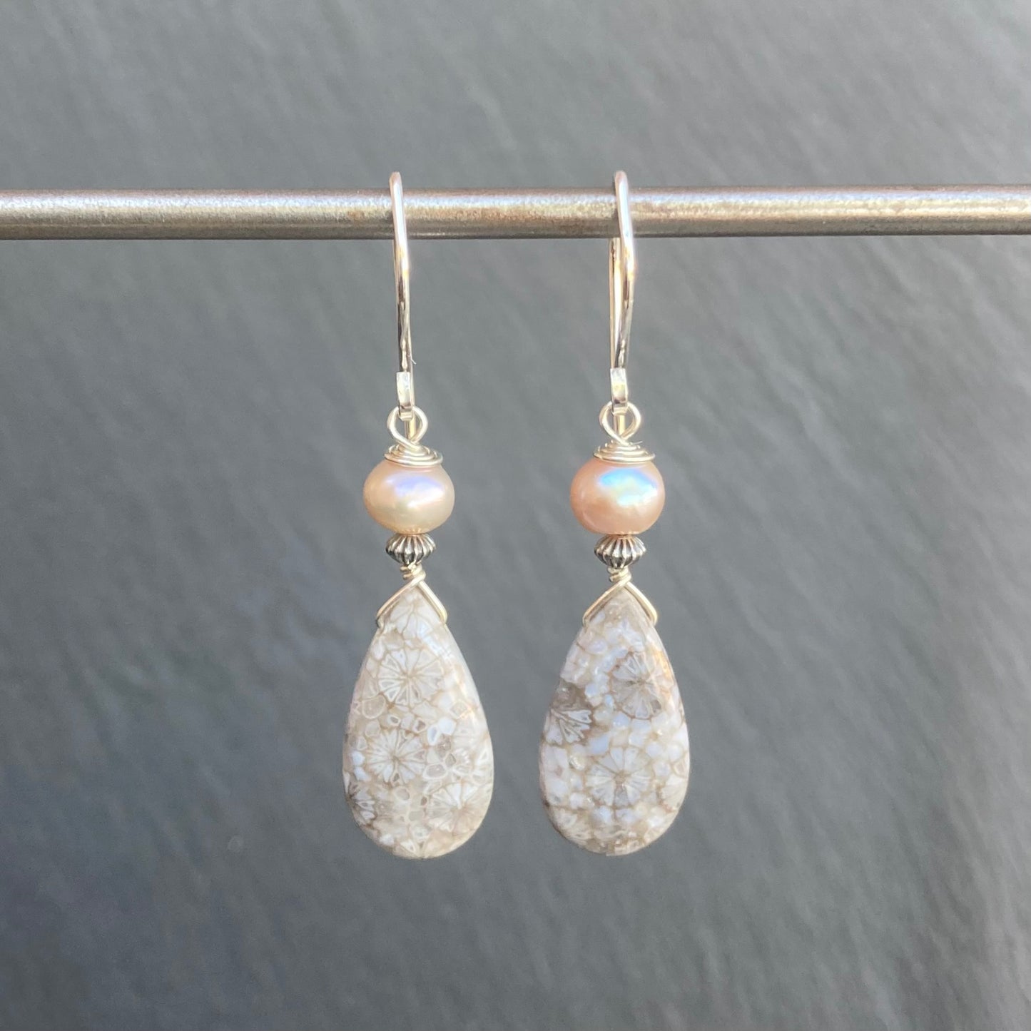 Fossil Coral, Mauve Pearl & Sterling Silver Earrings