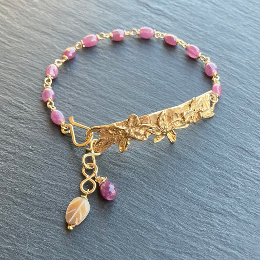Natural Ruby, Gold & Bronze Floral Link Bracelet