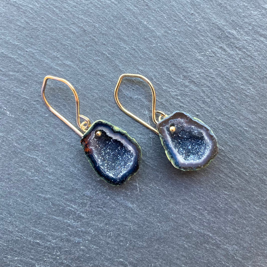 Black Druzy Tabasco Geode & Gold Earrings