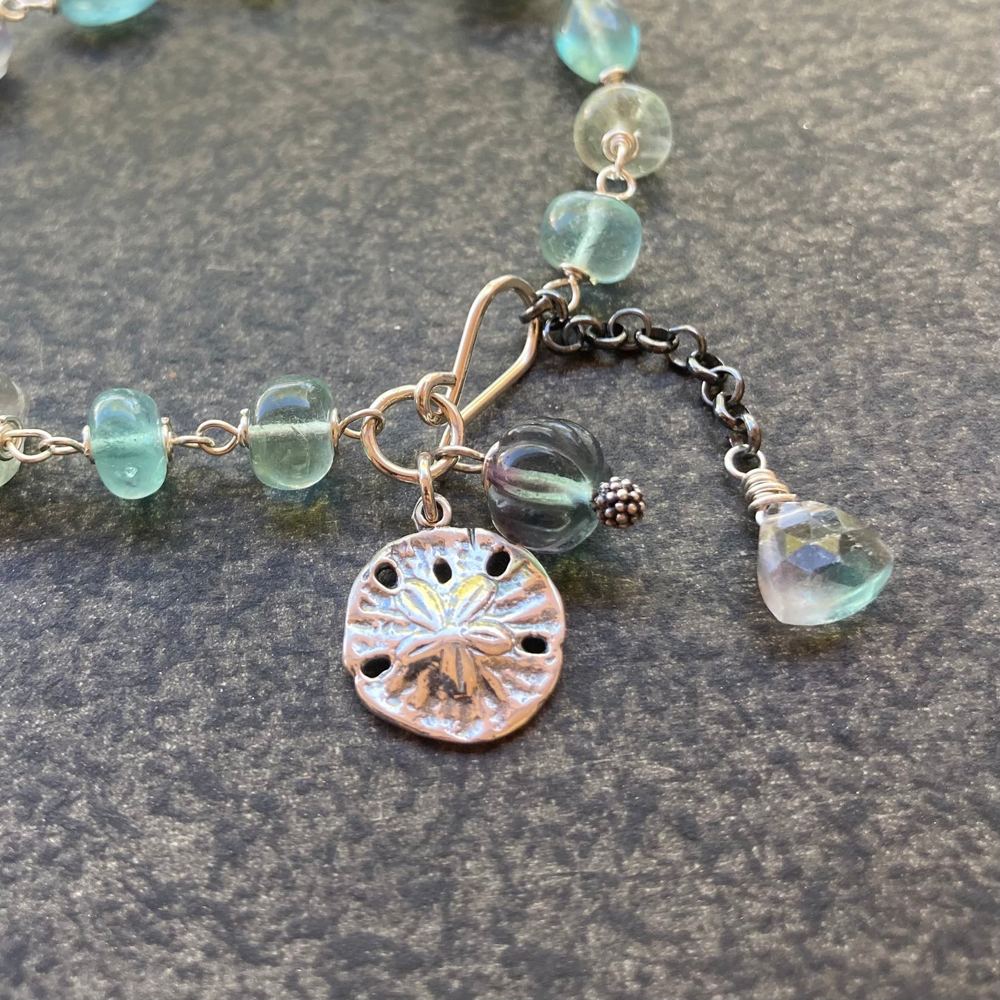 Green Fluorite & Sterling Silver Sand Dollar Charm Bracelet