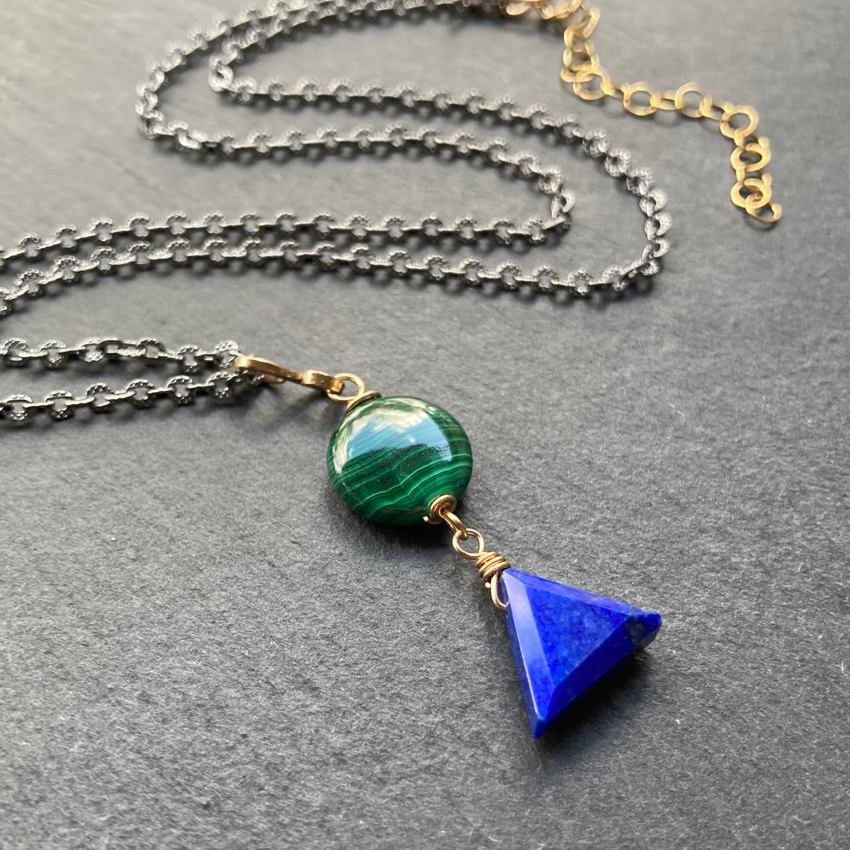 Lapis, Malachite & Mixed Metal Pendant Necklace