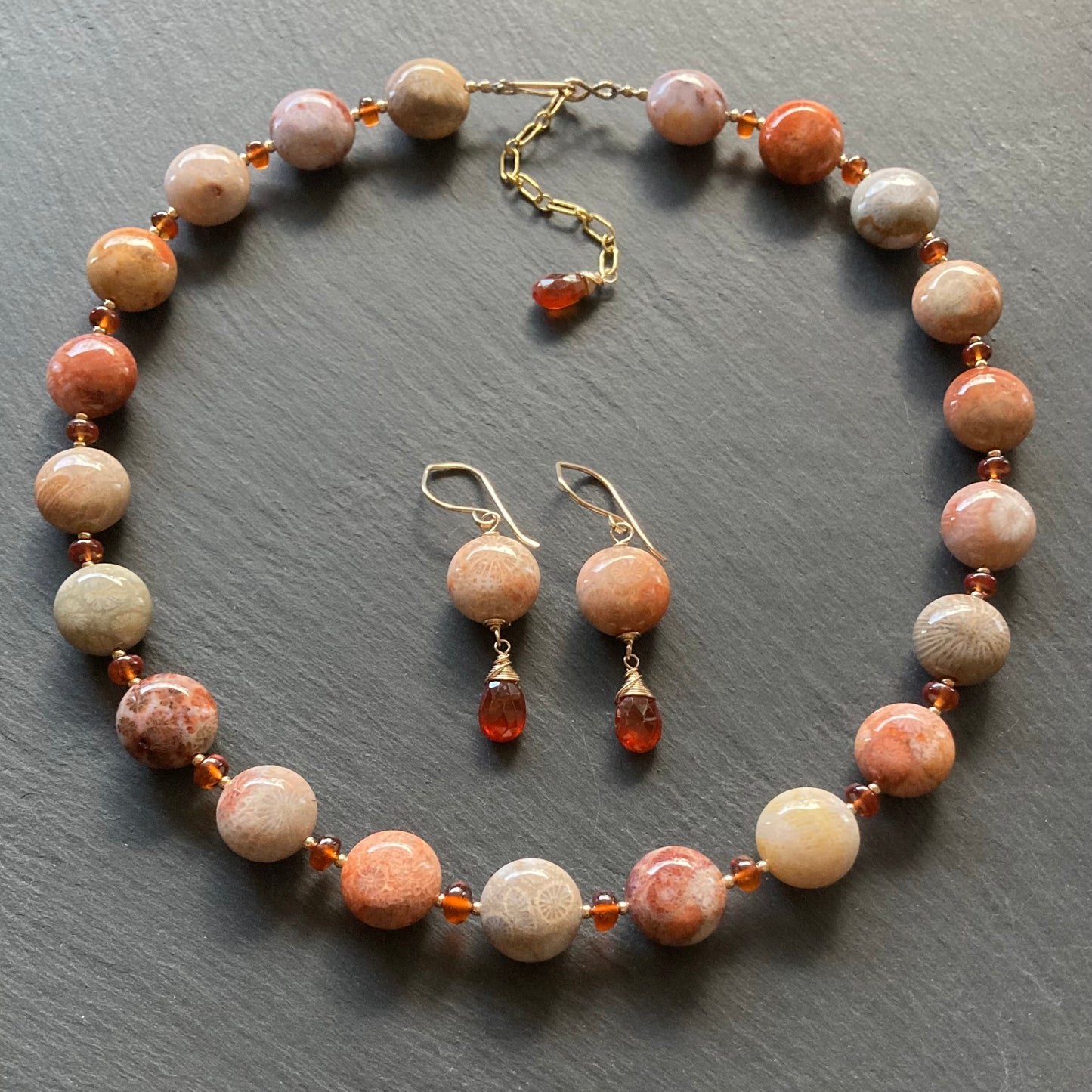Fossil Coral, Hessonite Garnet & Gold Collar