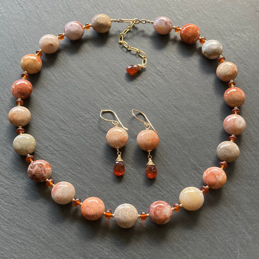 Fossil Coral, Hessonite Garnet & Gold Collar