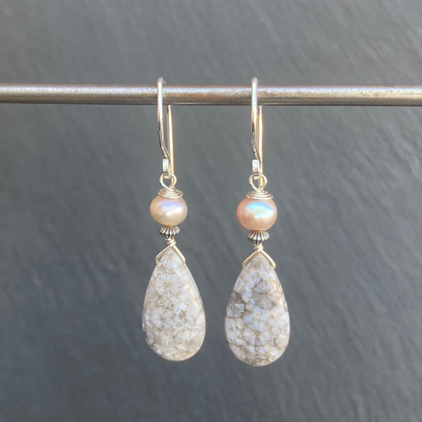 Fossil Coral, Mauve Pearl & Sterling Silver Earrings