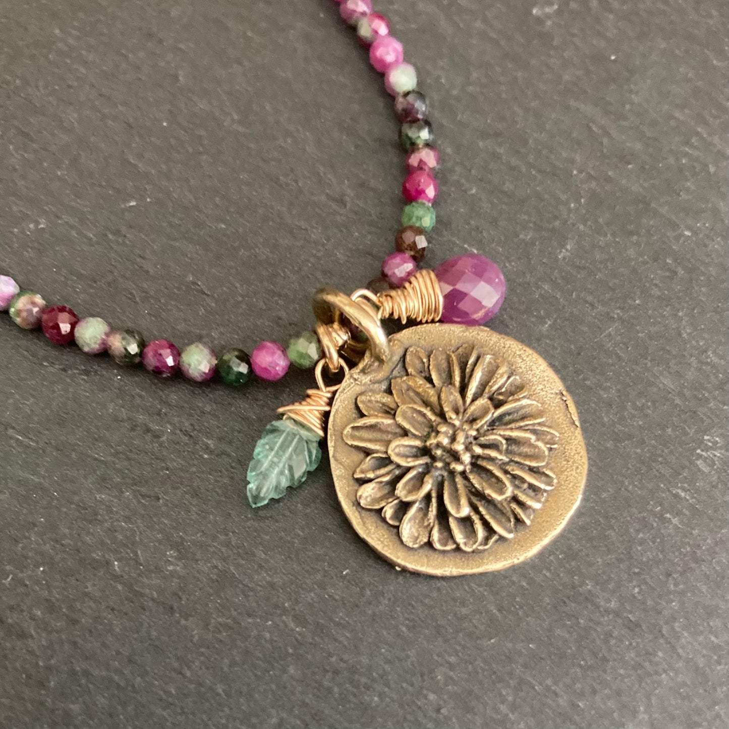 Ruby Zoisite, Gold & Bronze Mum Pendant Choker