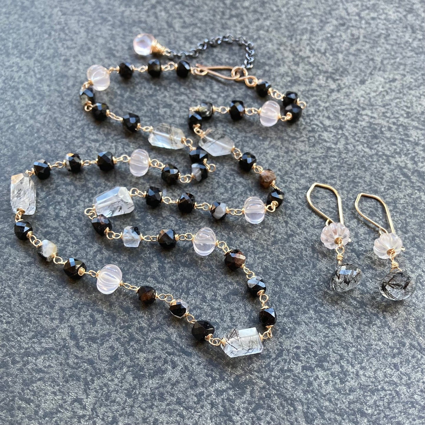 Black Rutilated Quartz, Rose Quartz & Gold Earrings