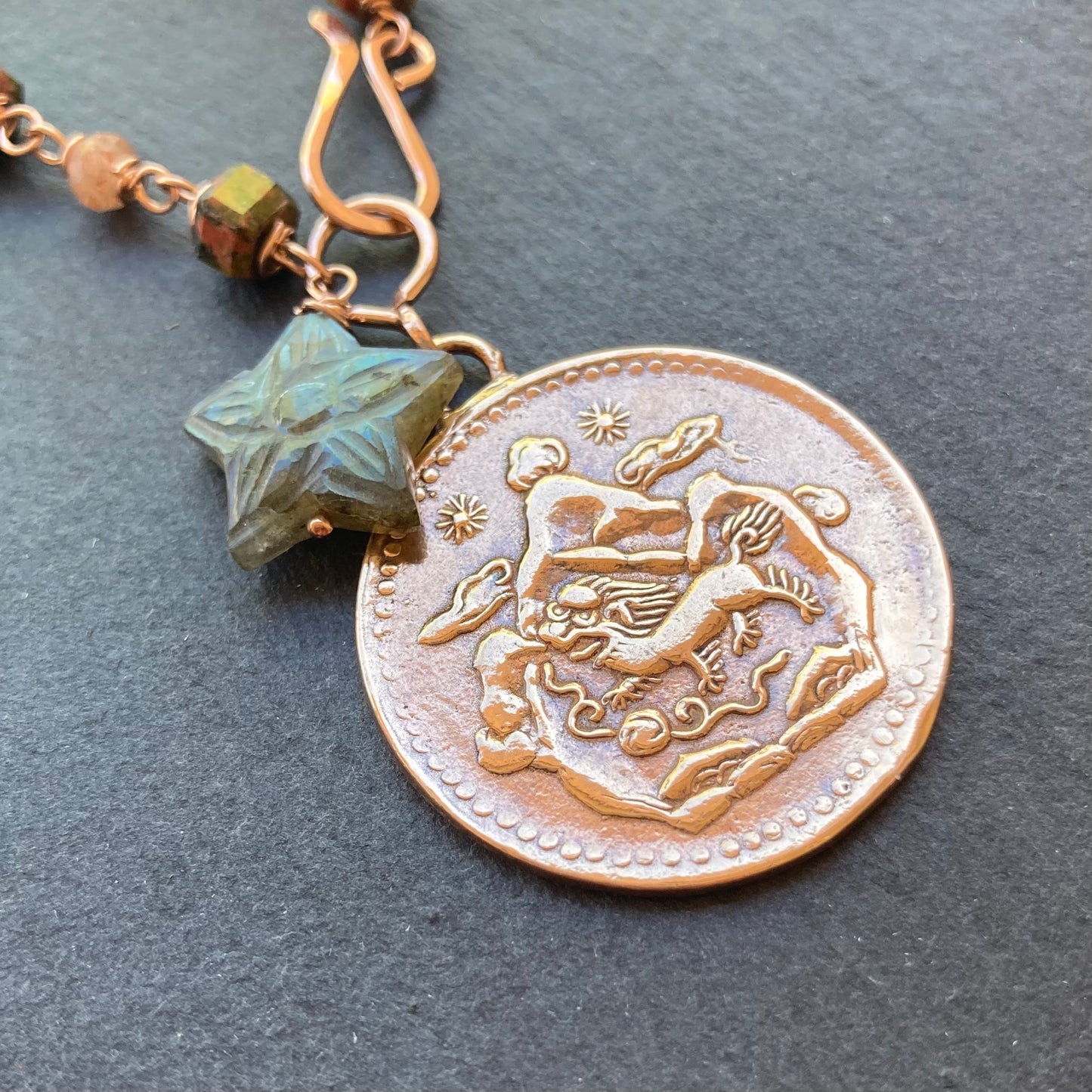 Unakite, Sunstone, Rose Gold & Red Bronze Tibetan Snow Lion Coin Necklace