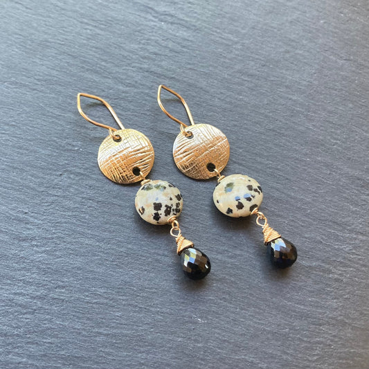 Dalmatian Jasper, Black Onyx, Gold & Textured Bronze Coin Earrings