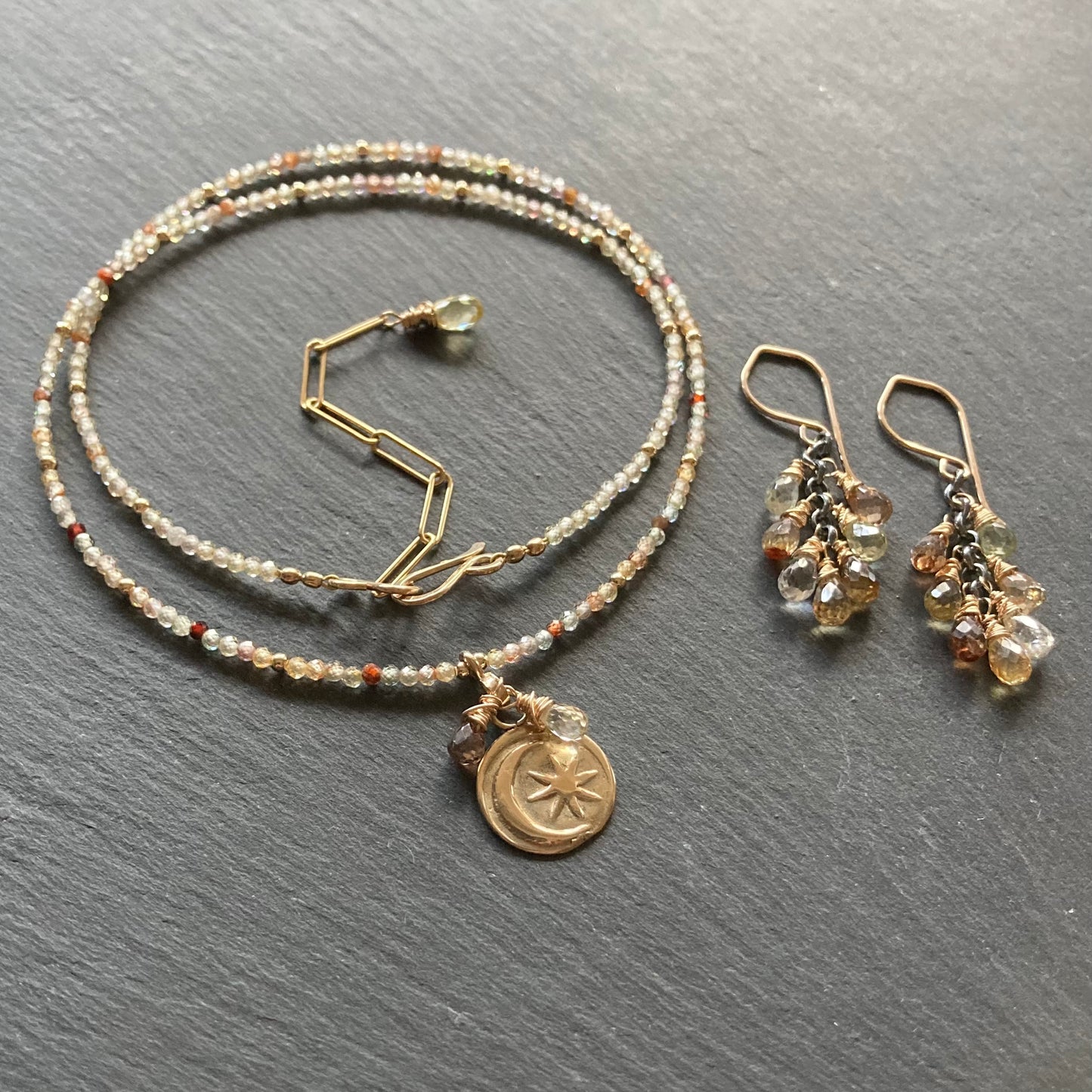 Natural Zircon, Gold & Bronze Moon Star Coin Choker