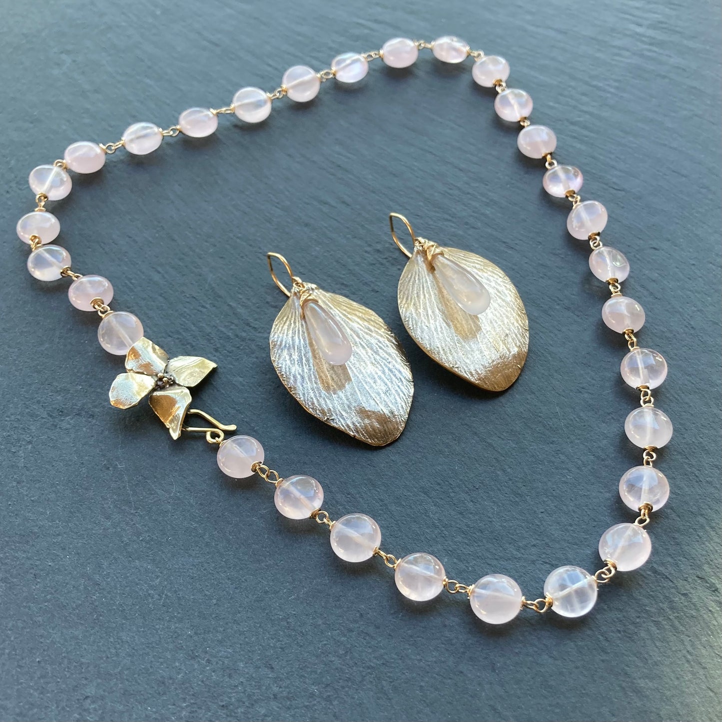 Rose Quartz, Gold & Bronze Evening Primrose Necklace