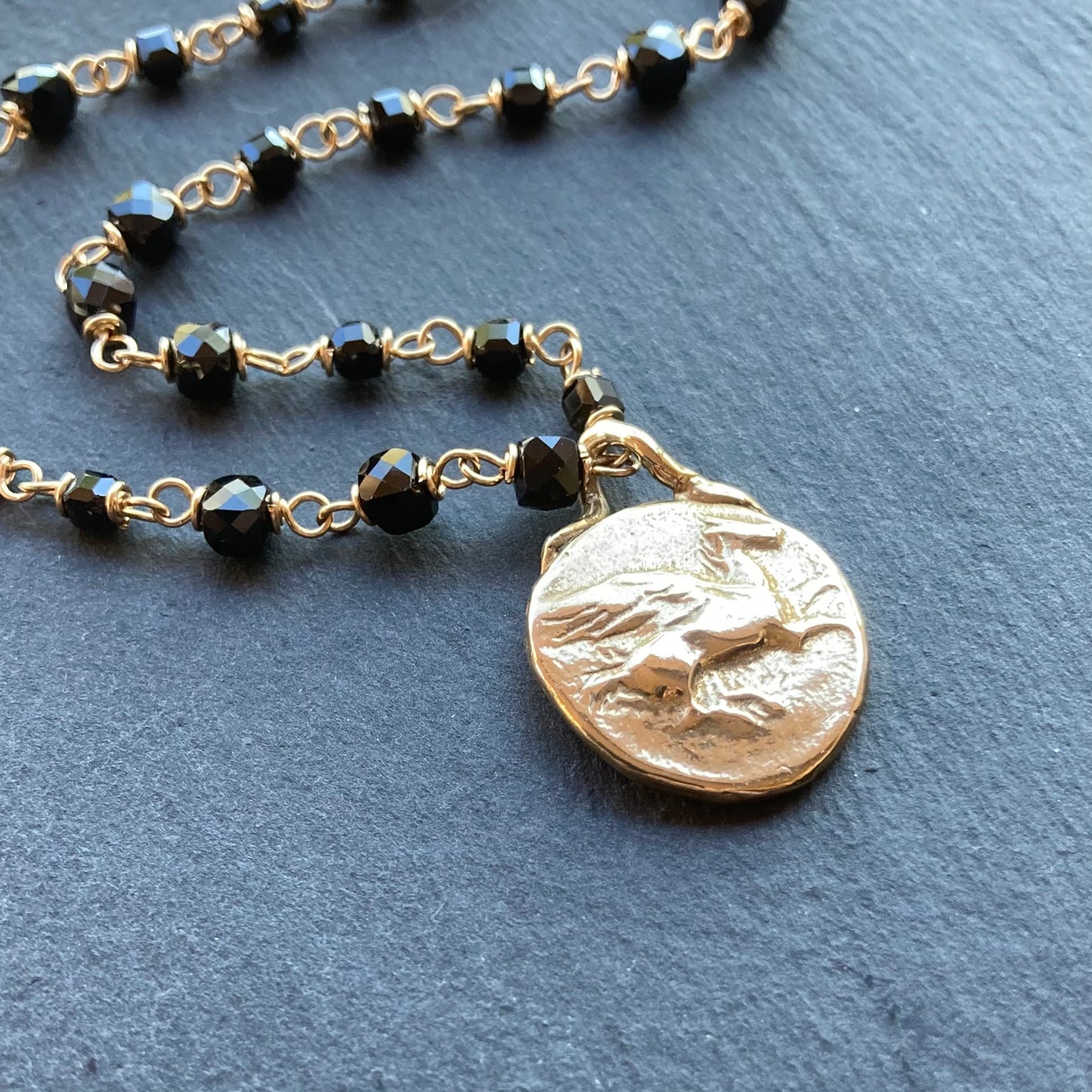 Black Spinel, Gold & Bronze Pegasus & Athena Stater Coin Necklace