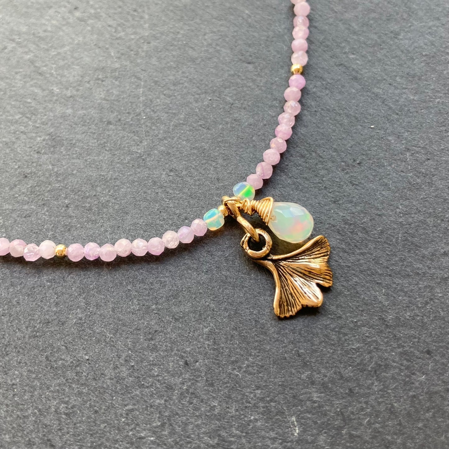 Kunzite, Gold & Bronze Ginkgo Leaf Choker