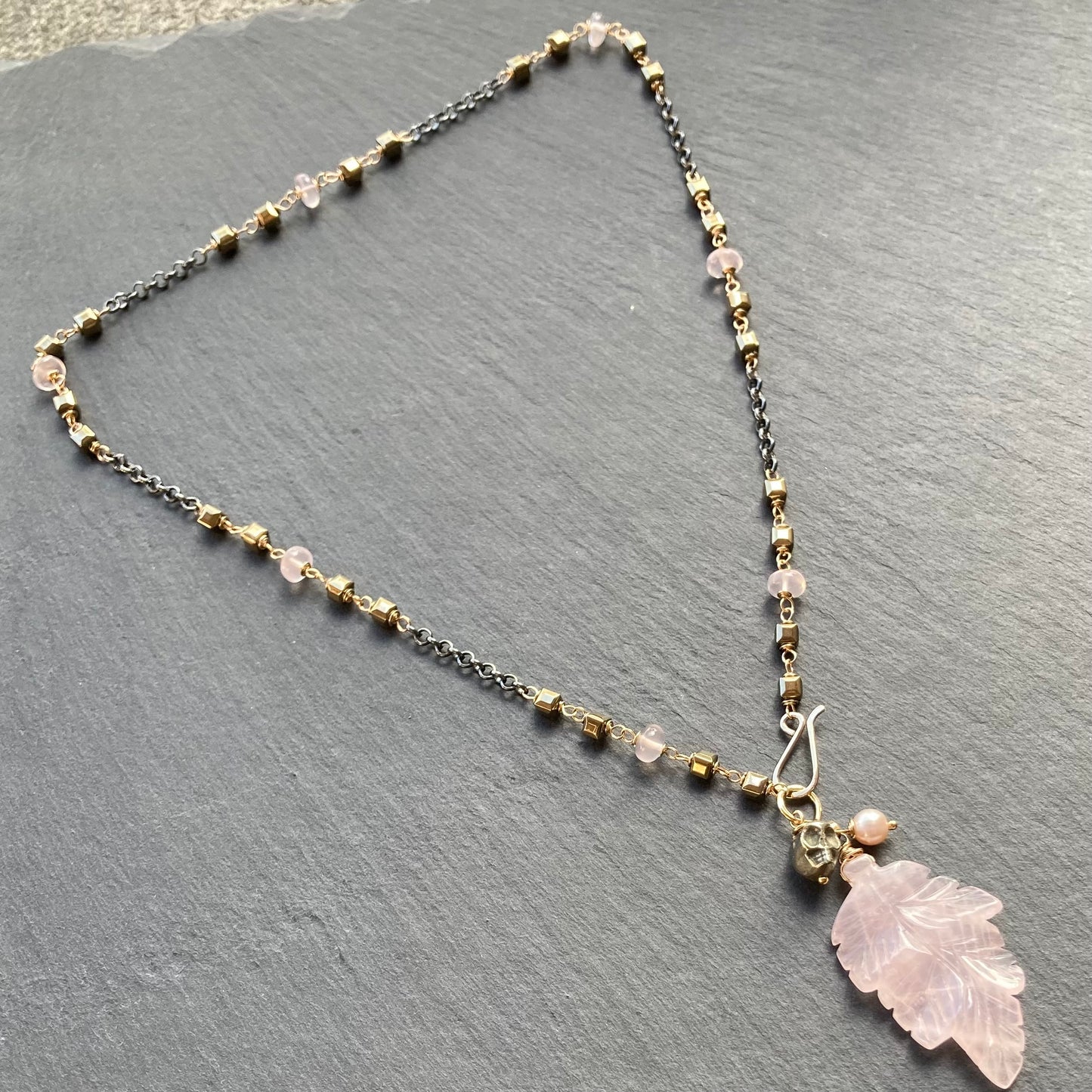 Rose Quartz, Pyrite & Mixed Metal Calavera Talisman Necklace