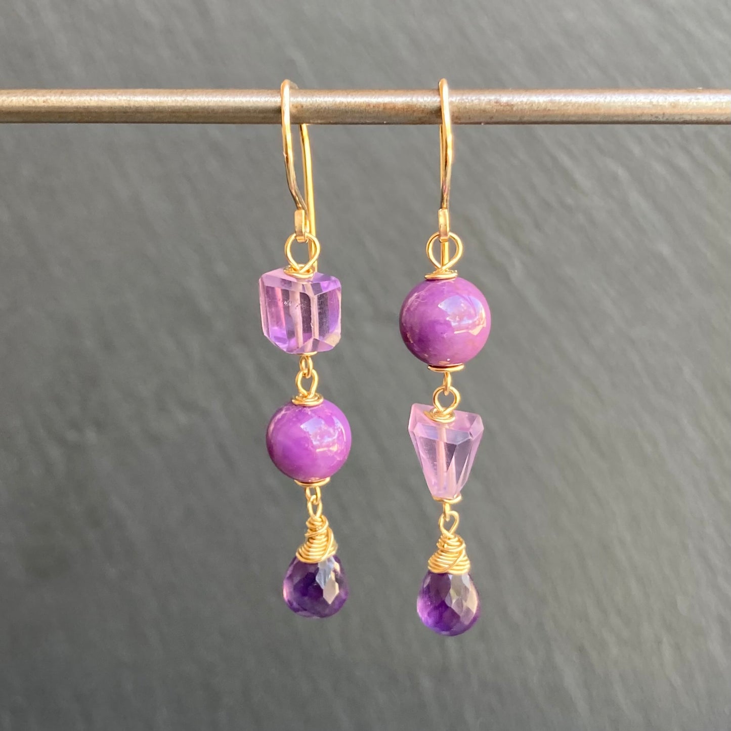 Phosphosiderite, Amethyst & Gold Earrings